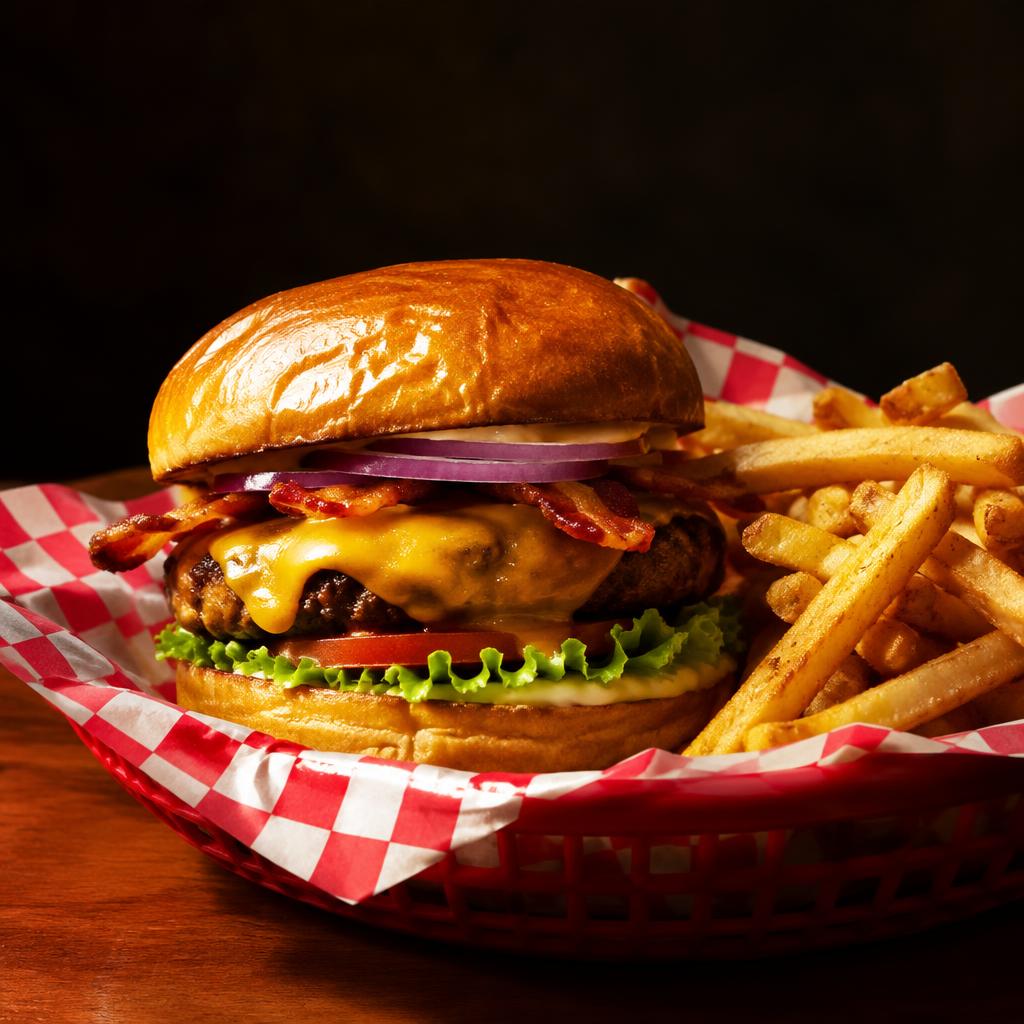 Demo photo: bacon cheeseburger with fries in a checkered basket