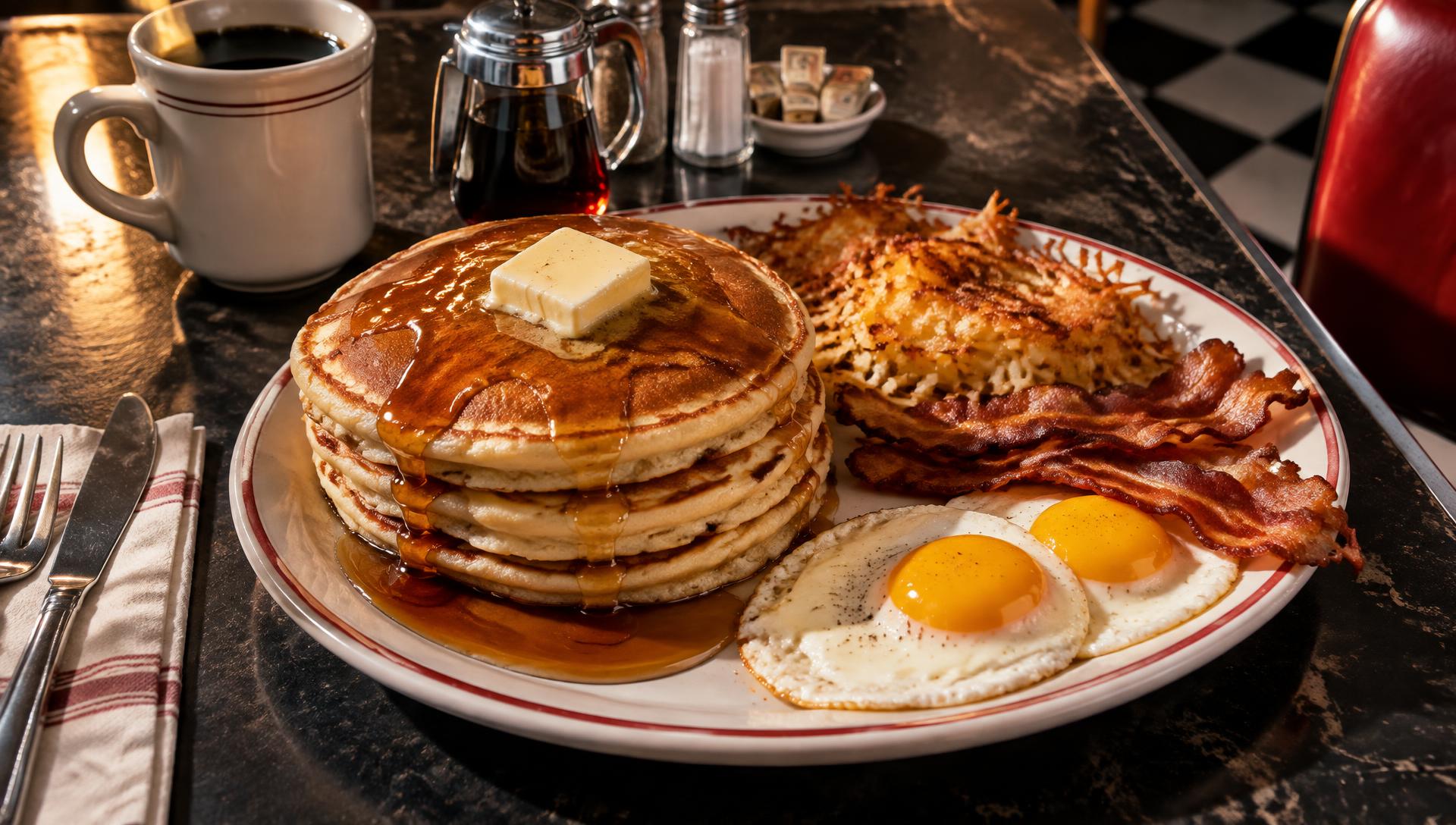 Demo photo: stacked pancakes with butter and syrup, bacon, eggs and hash browns on a diner table