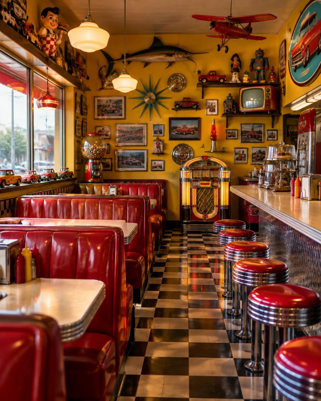 Demo photo: eclectic retro diner interior with red booths and nostalgic memorabilia (illustrative, not the actual restaurant)
