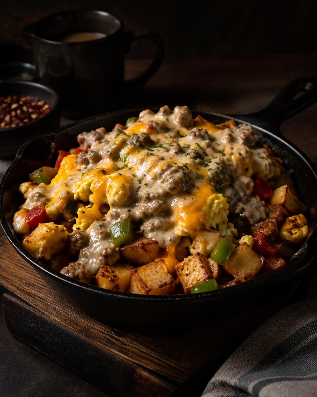 Demo photo: skillet of home fries, eggs, cheese and sausage gravy